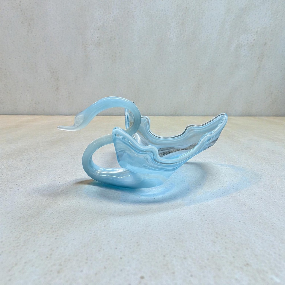 Art Glass Swan Shaped Trinket Dish Candy Bowl Vase Blue Swirls Decorative Accent